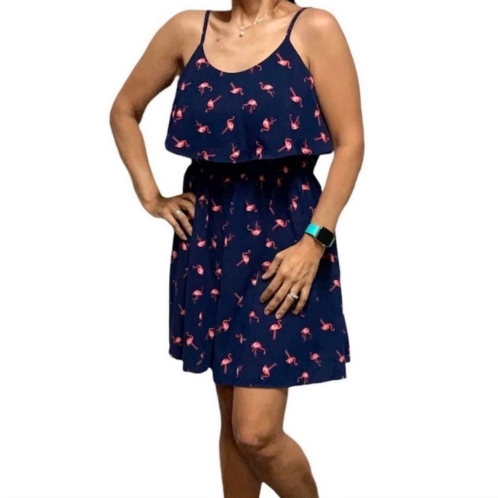Elle Navy Blue with Pink Flamingo Flounce
Sleeve Dress Sz M